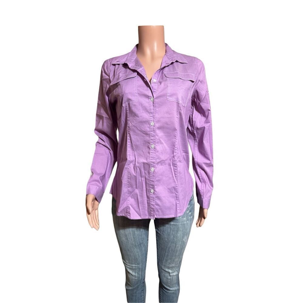 Bogari women long sleeve button up lilac chest pockets shirt M